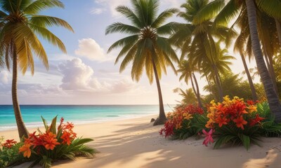 Fototapeta premium A vibrant bloom of tropical flowers against a backdrop of sandy beach and palm trees, sunset , nature, exotic flower