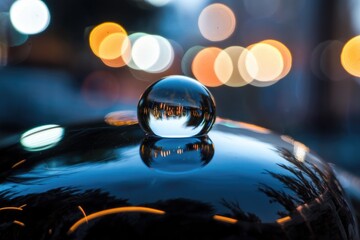 A glass sphere reflects city lights at night, creating a captivating miniature world.