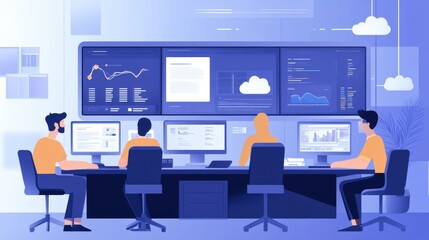 A tech team in a cloud operations center, monitoring network performance and data flow on large screens, ensuring seamless access to cloud services for the office