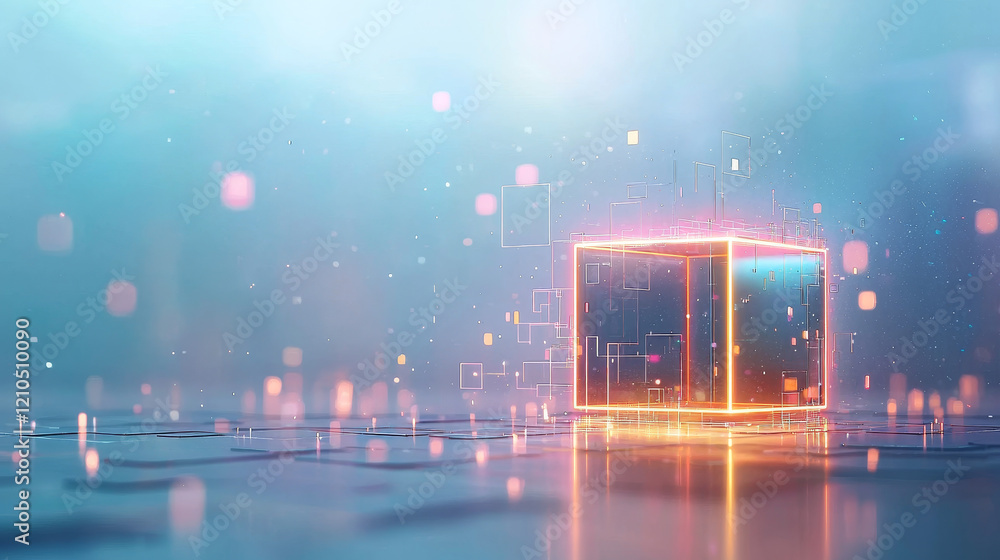 Poster dynamic neon cube display virtual environment 3d render futuristic digital art high-tech atmosphere 