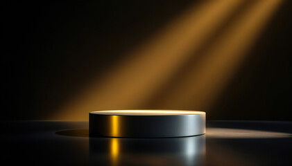 a spotlight shines down onto an empty pedestal with a sleek metal design. The dark background creates a sense of drama