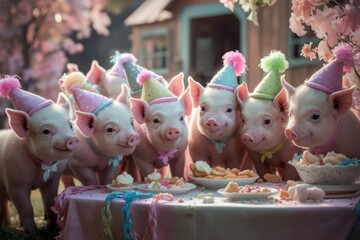 Obraz premium Seven adorable piglets in party hats enjoy a delightful birthday feast.