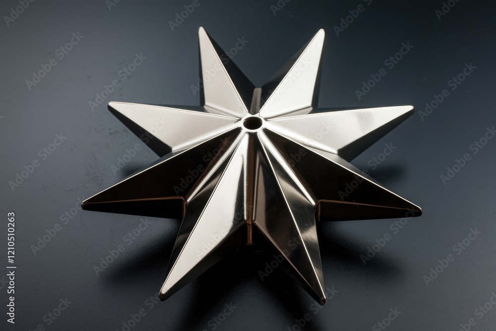 Poster a metallic, eight-pointed star with a reflective surface sits on a dark background.