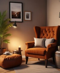 A warm and cozy reading nook with a large brown armchair and side table , cozy, reading nook, relaxing