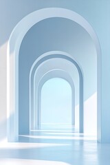 Fototapeta premium This minimalist architectural space features smooth white walls with elegant arched cutouts revealing a serene light blue backdrop. The soft natural light enhances the modern atmosphere