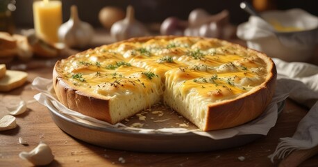 A warm and inviting scene of a plate of garlic bread topped with melted cheese , inviting, comforting, homey