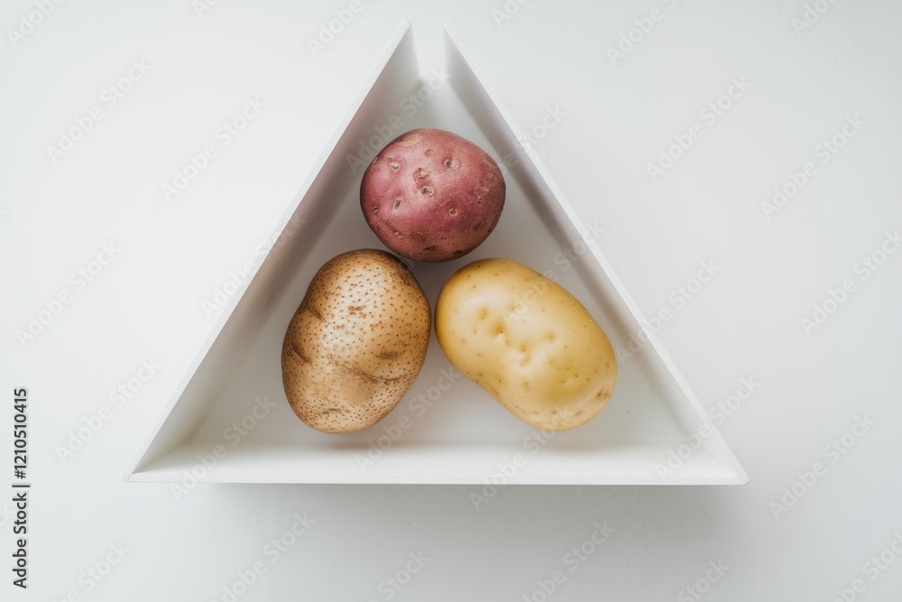 Poster three potatoes of varying colors in a white triangular dish, showcasing different potato varieties.