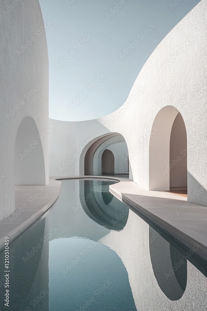 Aufkleber curved white walls create a calming atmosphere around a shallow reflective pool, enhanced by soft na