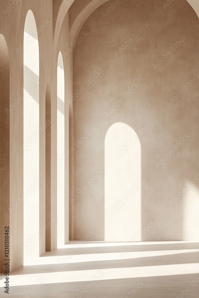 Poster sunlight filters through tall arched windows, creating gentle shadows across smooth beige walls. the