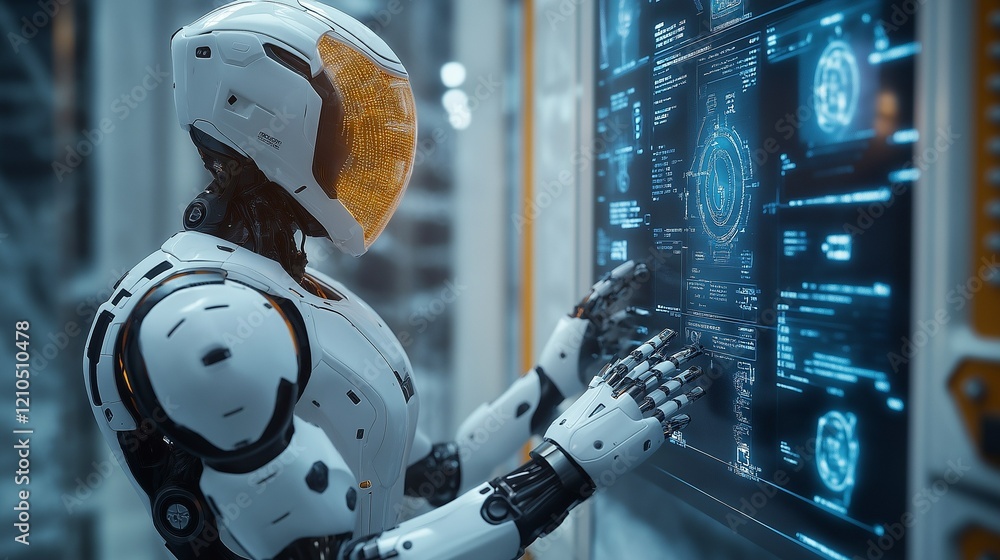 Poster : humanoid robot interacting with high-tech touchscreen interface, in a futuristic setting, backgrou