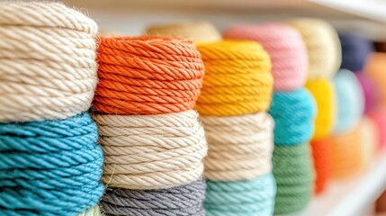 Colorful cotton rope spools on shelf, craft store background, DIY project