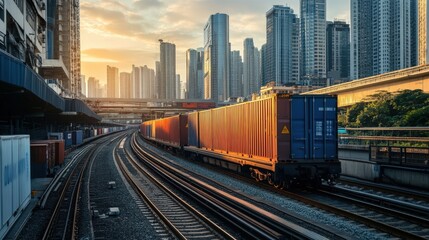 Fototapeta premium A train carrying cargo containers through a city, with urban skyscrapers in the background, showing the integration of rail transport in city logistics