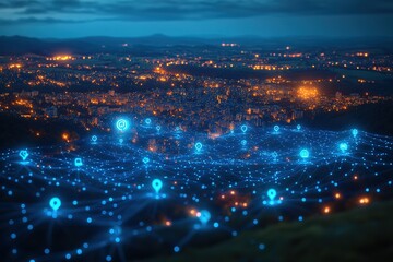 Night city with glowing network connections
