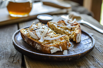 artisanal hummus toast, drizzled honey, shaved coconut, rustic plate