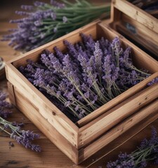 A wooden box filled with dried lavender flowers and used as a storage container , rustic, potpourri
