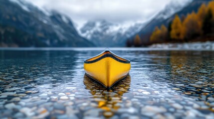 Yellow canoe on calm lake, mountains background, autumn. Relaxation, travel imagery
