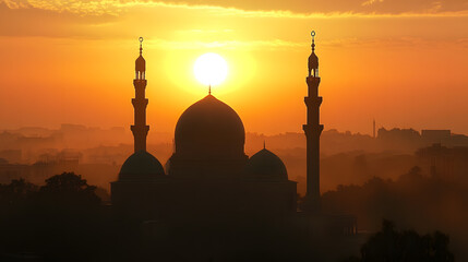 Silhouette of Grand Mosque Against Glowing Sunrise Creating Dramatic Sky : Generative AI