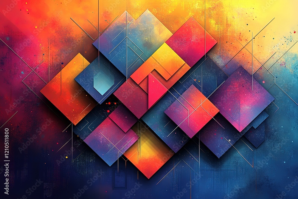 Poster abstract geometric art with vibrant colors and layered squares. a dynamic and modern design.