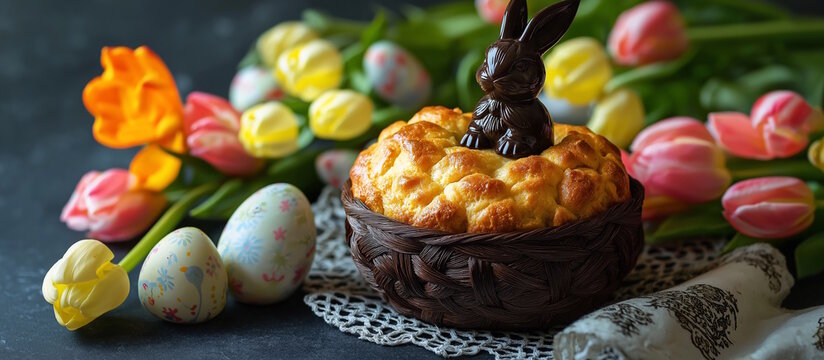 Easter pastry nest with chocolate bunny and spring flowers, perfect for family celebrations and seasonal gatherings