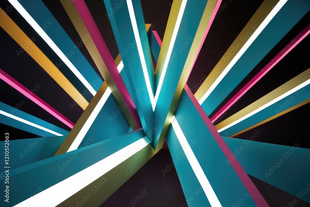 Aufkleber Abstract 3D rendering of colorful geometric shapes with neon lighting, creating a vibrant and dynamic visual.