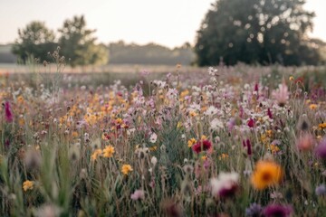 Obraz premium Vibrant wildflowers bloom in a sunlit field, creating a picturesque summer scene.