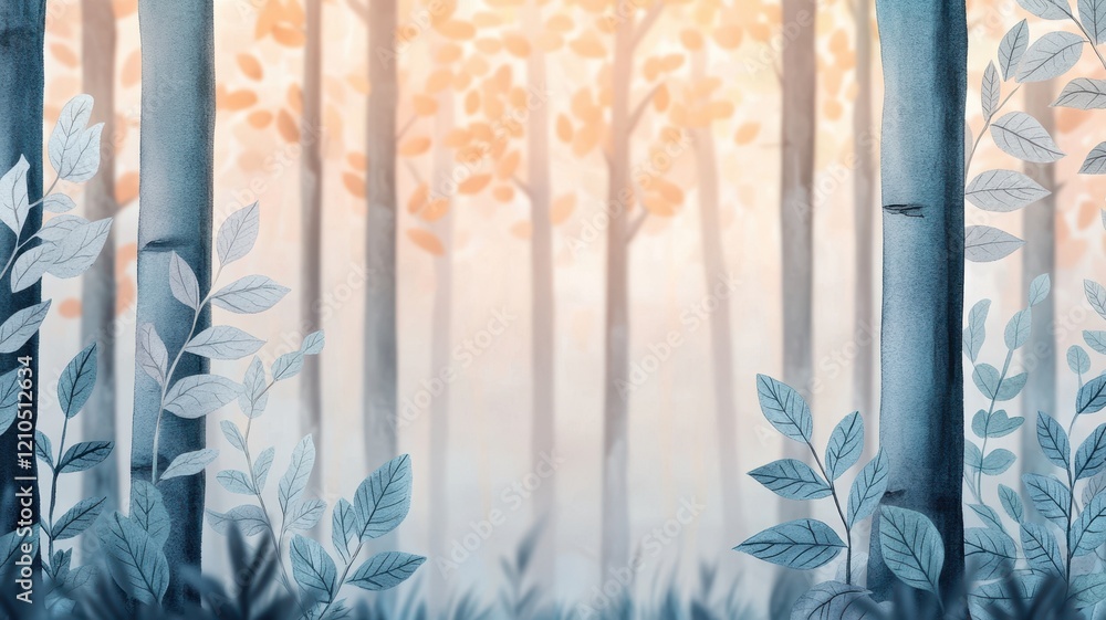 Poster a serene forest scene with tall trees, soft foliage, and a gentle light filtering through, creating 