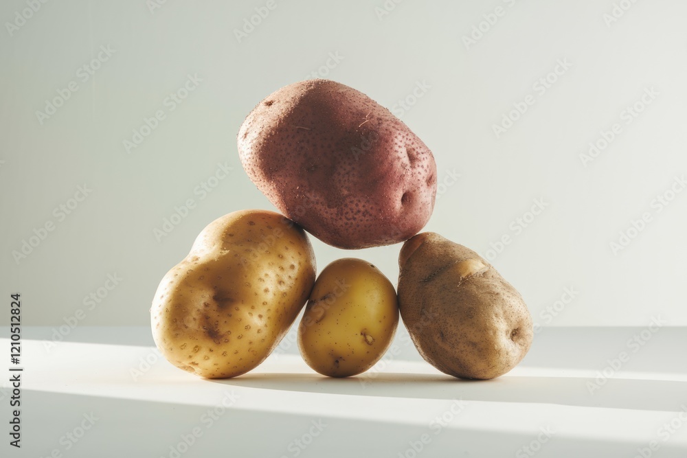 Poster Four potatoes of varying colors and shapes arranged in a triangular formation on a light surface.