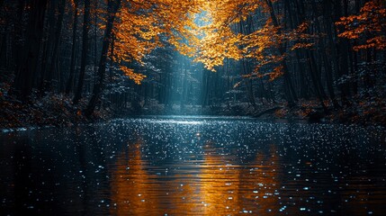 Naklejka premium Serene autumnal forest scene with a calm river reflecting golden leaves and sunlight.