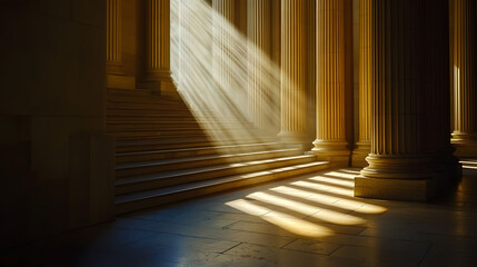 A photo of the US Capitol’s staircase, with sunlight streaming through the columns and casting dramatic shadows, during a quiet morning