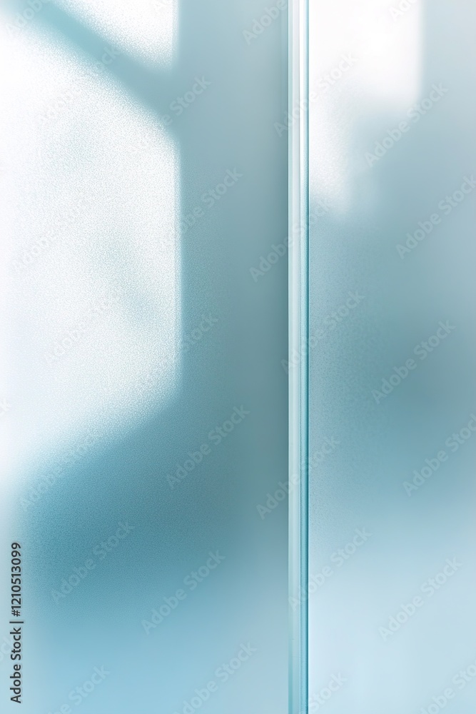 Poster frosted glass panels with a light blue tint diffuse soft light across a smooth surface, enhancing th