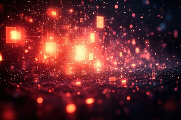 Abstract digital landscape with glowing squares and particles.  Perfect for technology, innovation, or futuristic themes.