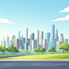 Obraz premium A cartoon city skyline with skyscrapers and a green park on the side of the road, a flat design illustration in a vector style, with simple shapes, colorful and cute, in a cartoonish style, high resol