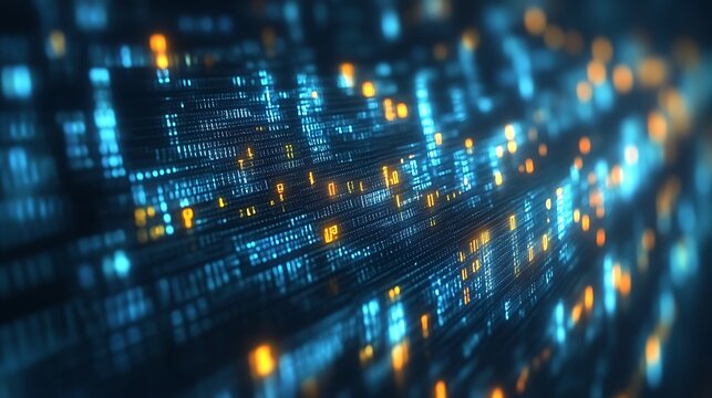 Abstract digital code stream, glowing blue and orange.