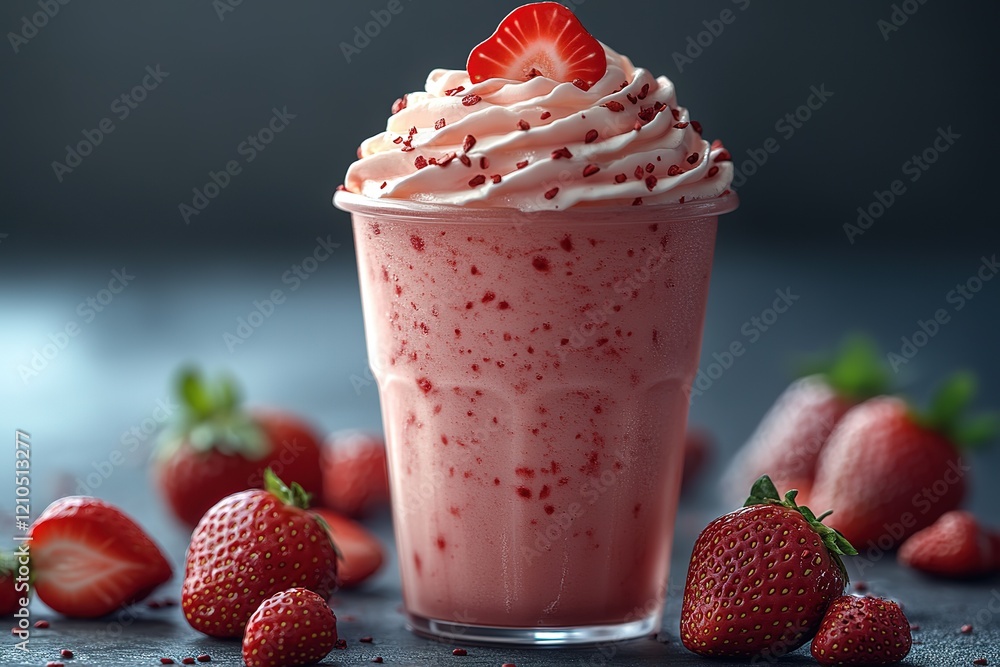 Poster refreshing strawberry milkshake topped with whipped cream and strawberry pieces. perfect summer trea
