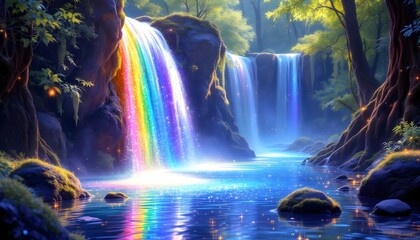 Magical Rainbow Waterfall in Enchanted Forest Landscape