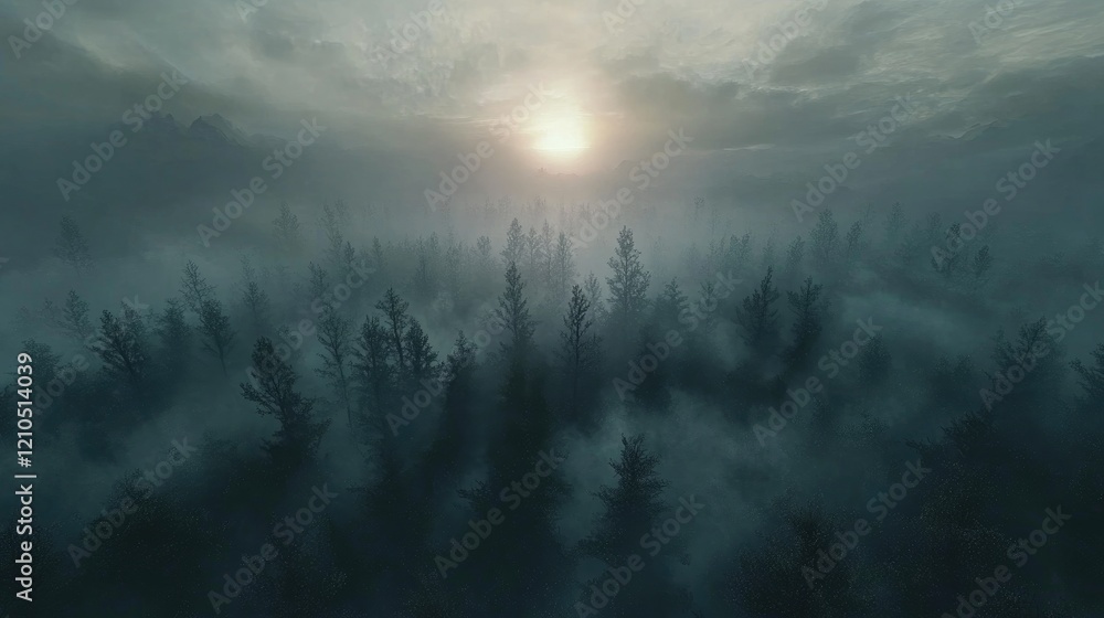 Poster an aerial view of a foggy forest with the sun rising behind the trees, creating a mystical and ether