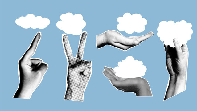 Retro collage with hands and fluffy white clouds. Vector illustration