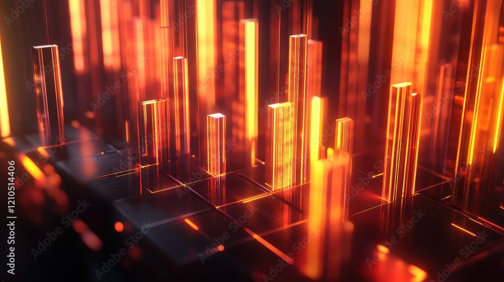 Poster an artistic representation of a d bar chart with glowing bars and dynamic lighting effects, emphasiz