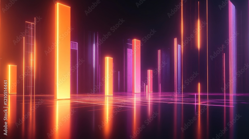 Poster an artistic representation of a d bar chart with glowing bars and dynamic lighting effects, emphasiz