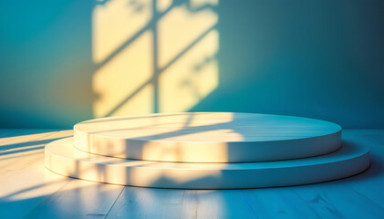 empty podium with sunlight from the window. The scene gives a sense of peace and tranquility, and provides a perfect background for product displays or presentations