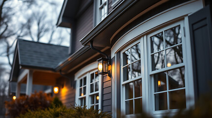 Obraz premium Captivating Evening View of a Charming Suburban Home with Well-Maintained Exterior and Warm Lighting