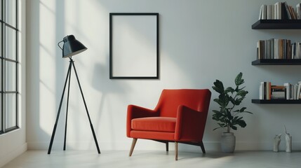 White poster frame mockup in industrial style living room with red armchair and black tripod lamp, books on shelves, clean background, minimalist interior design, high resolution photography.