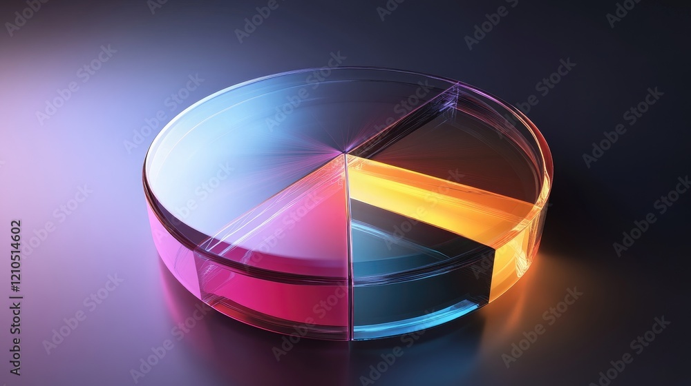 Poster an artistic representation of a d pie chart with glowing, semi-transparent segments and dynamic ligh