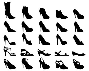 Black silhouettes of women shoes on white background