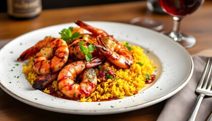 Fototapeta premium Delicious Grilled Shrimp with Saffron Rice