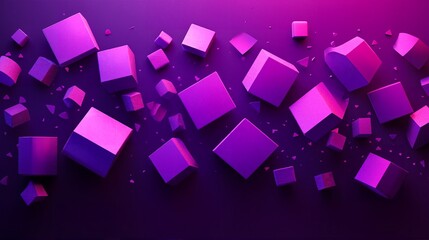 vibrant purple and pink hues of shattered glass cubes scattered across a dark background.