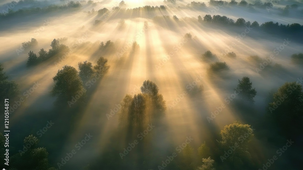Poster an aerial view of a foggy forest with the sun rising behind the trees, creating a mystical and ether
