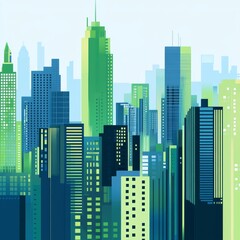 city, flat, vector illustration, blue and green, light color 