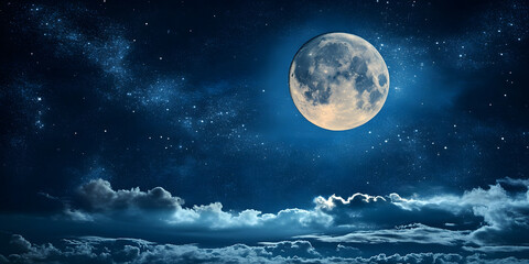 Full Moon and Starry Night Sky with Clouds Serene Nocturnal Landscape Photography : Generative AI