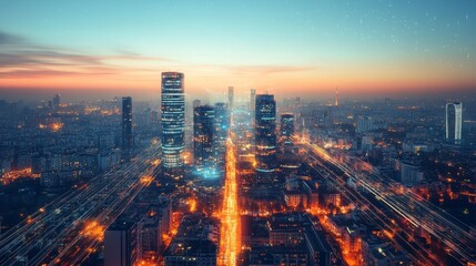 Futuristic cityscape with glowing lights and skyscrapers, highly detailed, vibrant and dynamic, sleek and advanced, technological and urban, futuristic and powerful atmosphere